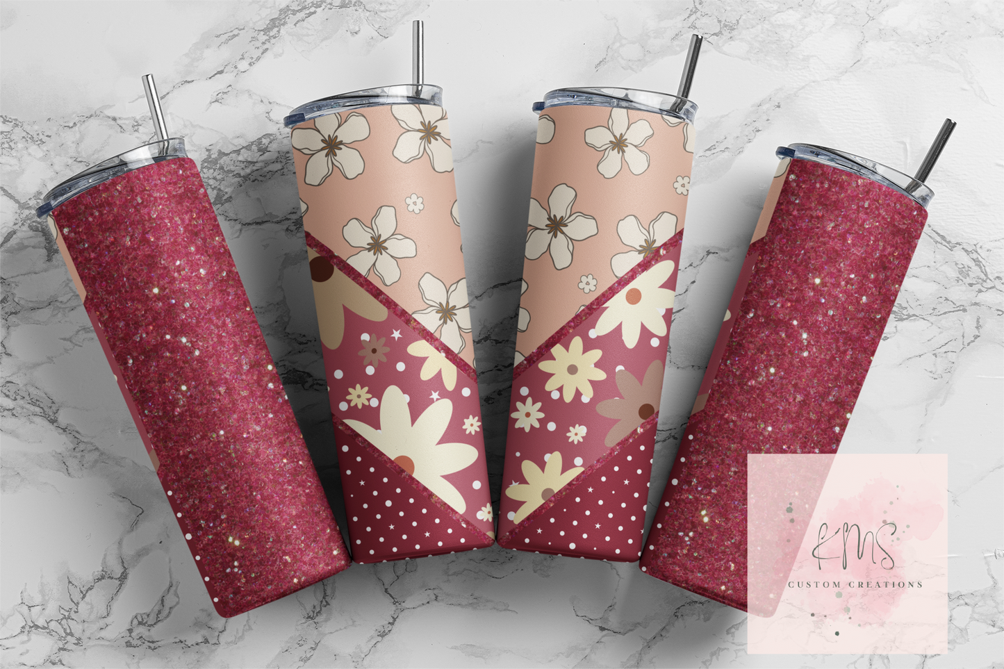 Burgandy floral with faux glitter tumbler