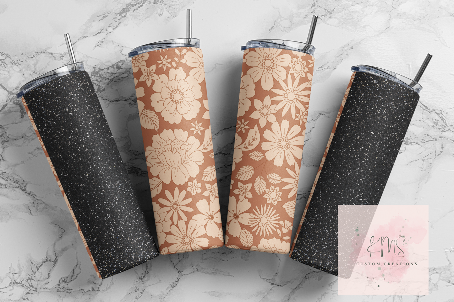 Brown floral with black faux glitter tumbler