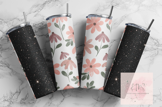 Pink flowers with black faux glitter tumbler