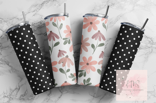 Pink flowers with black and white polka dots panels tumbler