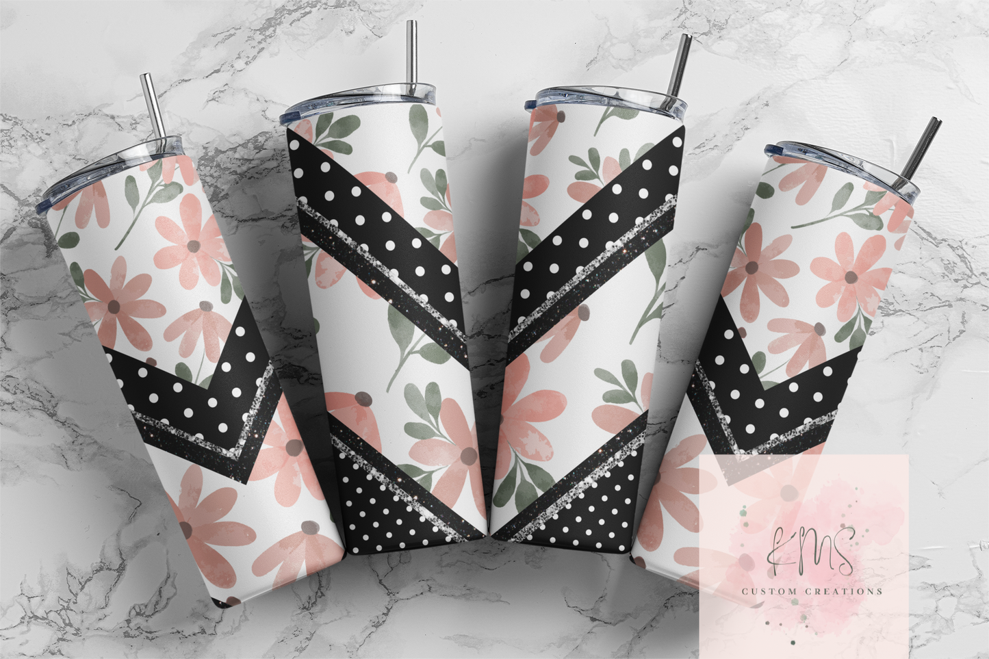 Pink flowers with black and white polka dots tumbler