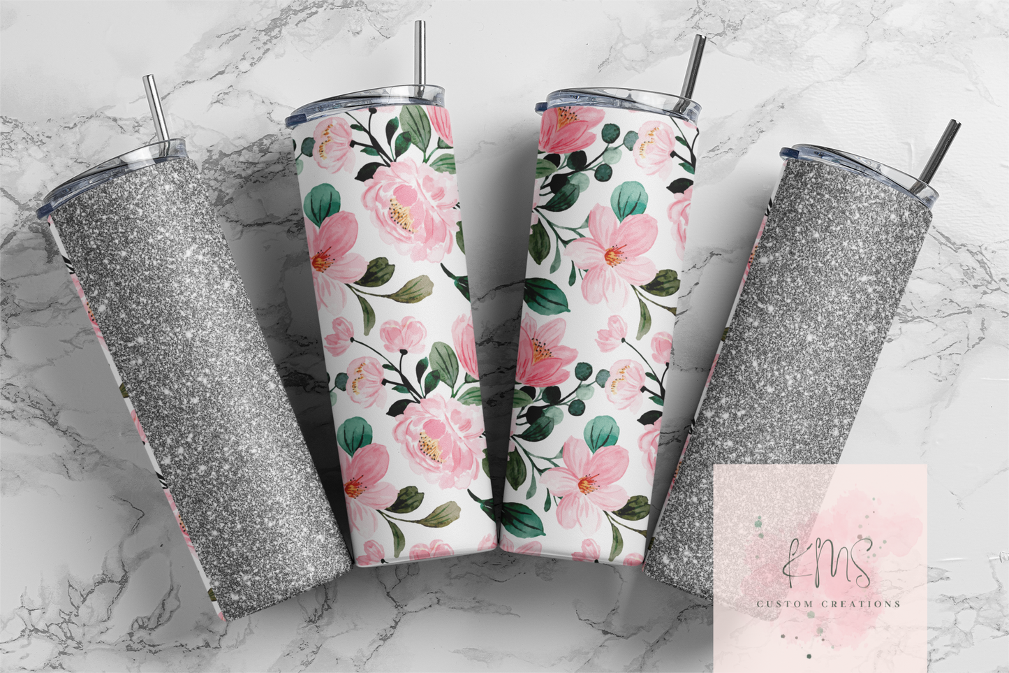 Pink flowers with silver glitter tumbler