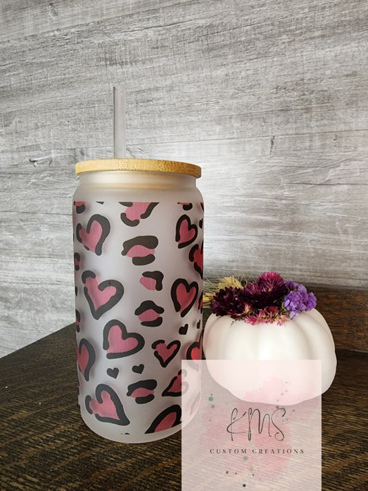 Heart cheetah frosted glass tumbler