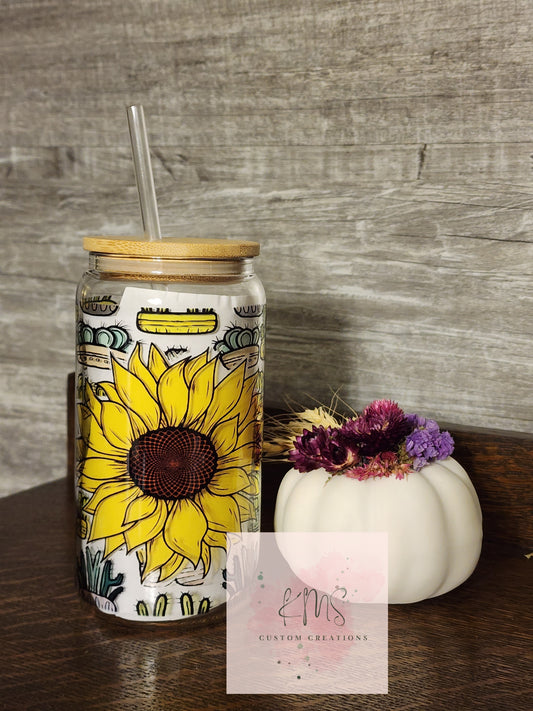 Sunflower and cactus clear glass tumbler